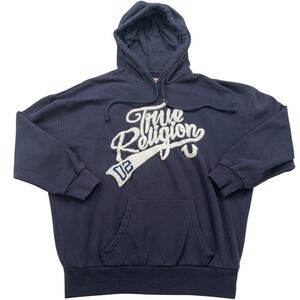 True Religion Hoodie Womens Medium Pullover Navy Blue Chenille Logo Varsity 02